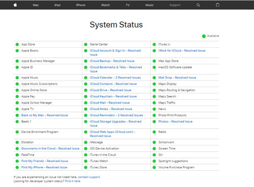 Screen Shot of the System Status Screen at Apple